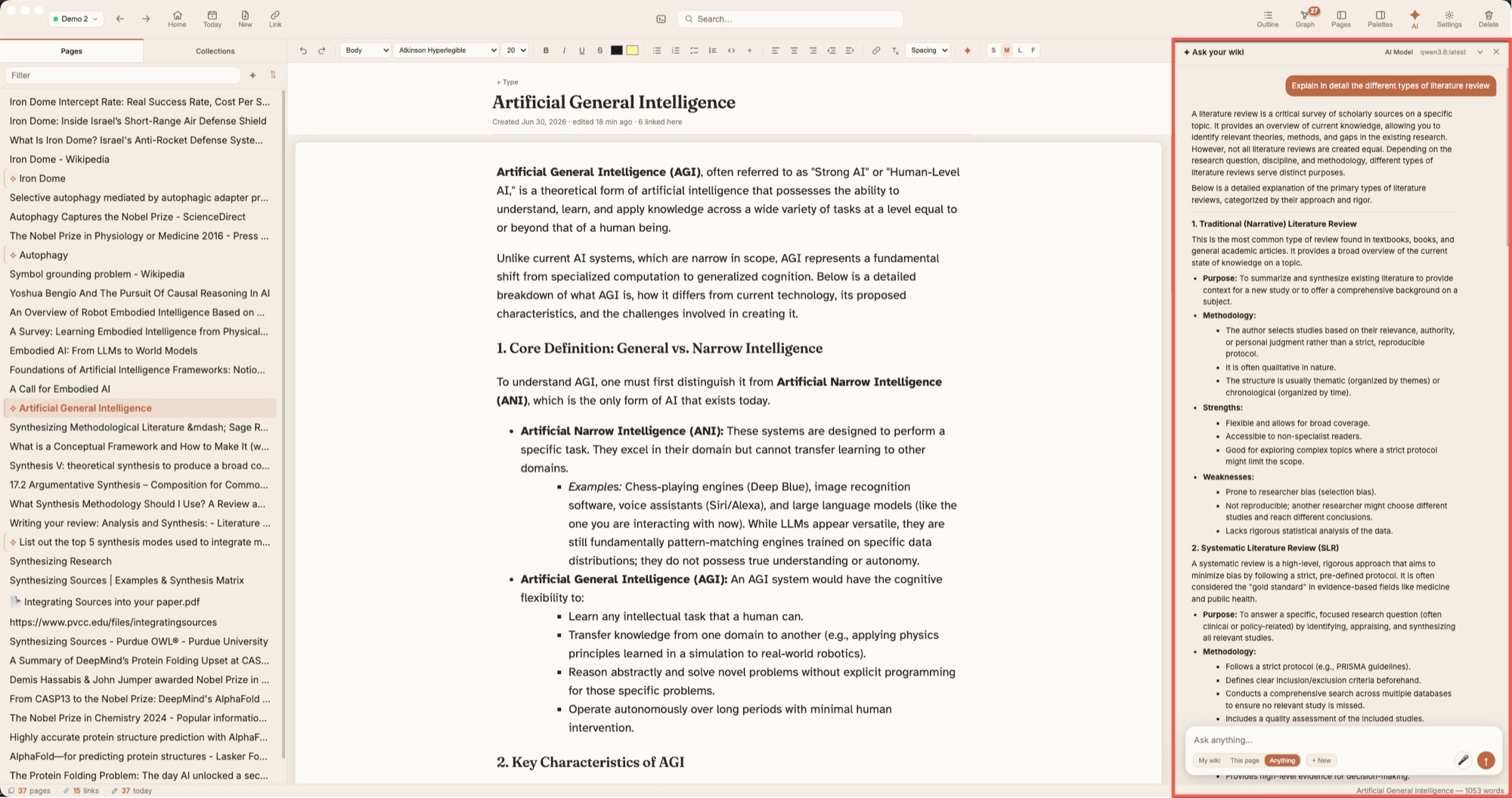 MojoPad's Ask panel answering a question grounded in your own pages, with cited sources