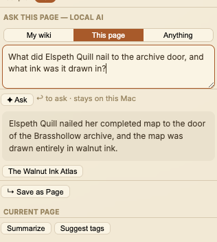 Ask palette answering a question from the wiki with cited sources