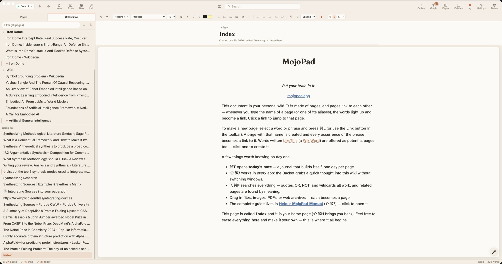 MojoPad in its light theme — page list, rich-text editor, and toolbar
