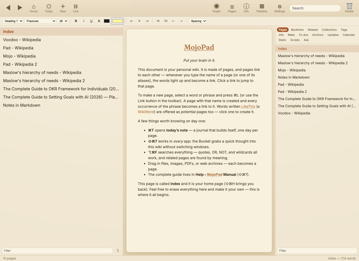 MojoPad main window — page list, rich text editor, and palettes