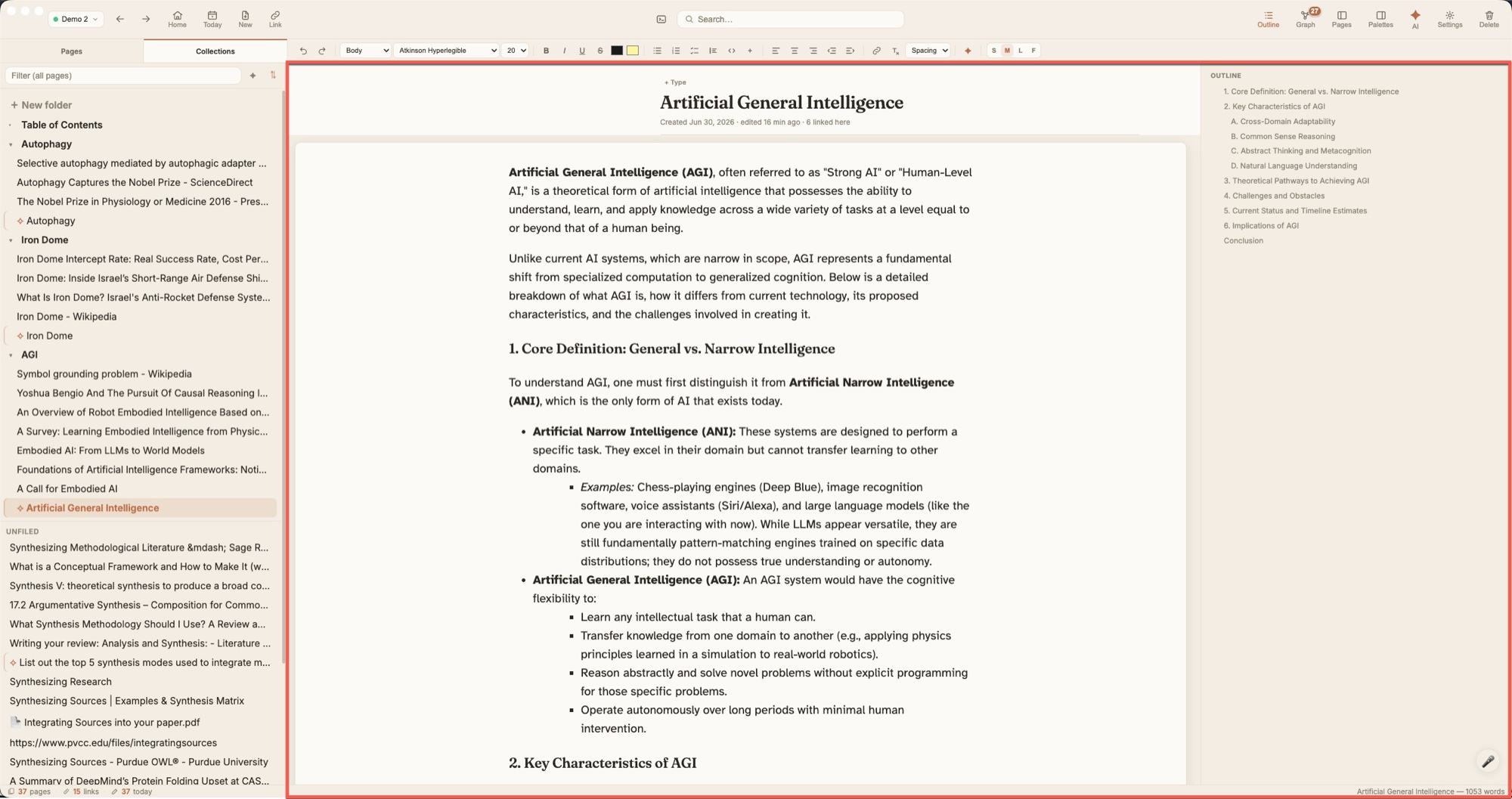MojoPad's outline panel listing the current page's headings