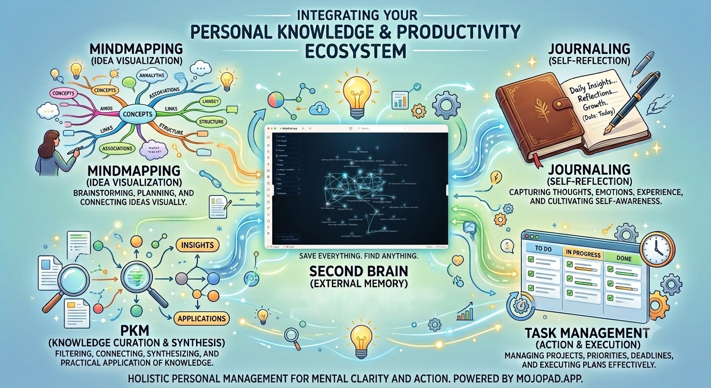 A personal knowledge and productivity ecosystem: journaling for capturing thoughts, experience and self-reflection; personal knowledge management for filtering, connecting and synthesising what you have gathered; task management for projects, priorities and deadlines; and mind-mapping for visualising and connecting ideas — meeting in the middle as one second brain, where everything is saved and anything can be found.