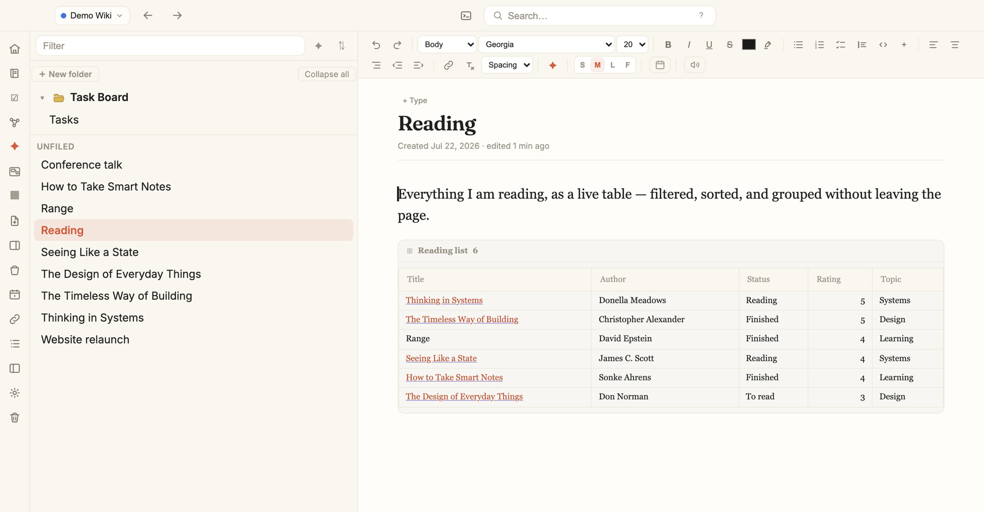 A reading list inside a MojoPad page: a live table of six books with Author, Status, Rating, and Topic columns, sorted by rating